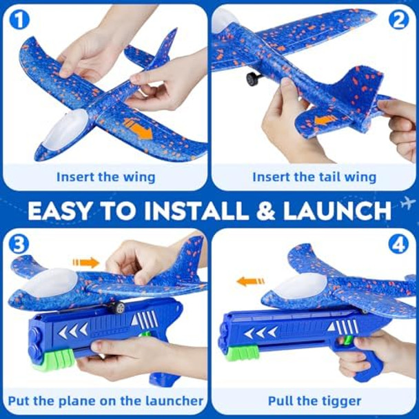 3 Pack Airplane Launcher Toys For Kids Ages 4-8: Airplane Shooter With 3 Led Foam Glider Planes For Kid - Outdoor Flying Toys Birthday Present s For 4 5 6 7 8 9 Year Old Boys