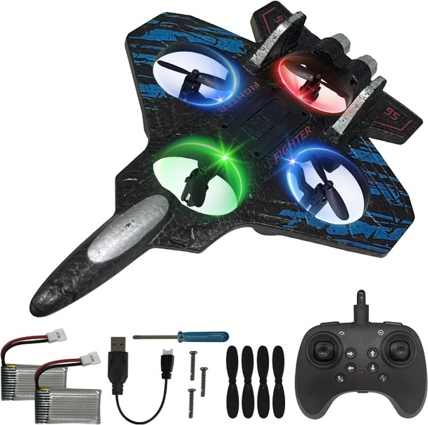 Foam Drone Rc Airplane For Kids And Beginners 2.4Ghz Remote Control Plane Helicopter With Light Auto Hovering And 2 Batteries (Blue)