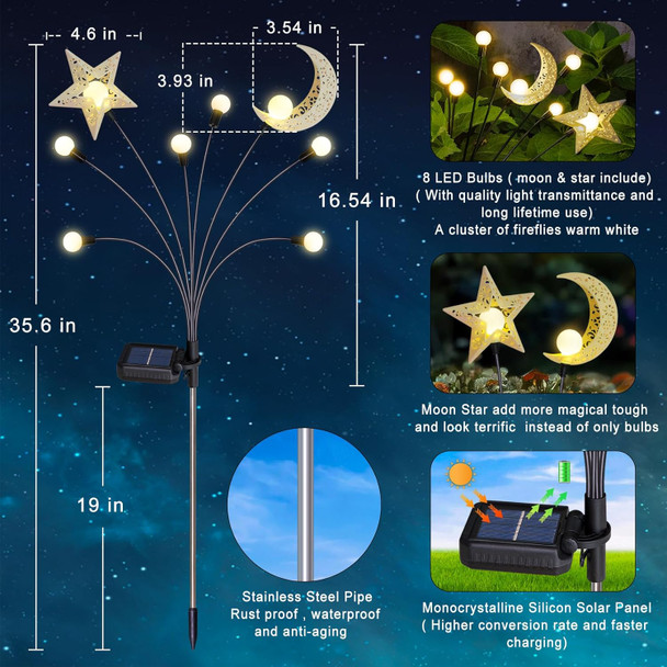 Solar Firefly Lights Outdoor Moon Star Sun Projection Stake Lights - Waterproof Solar Powered Garden Lights For Pathway Yard Patio Decor Warm White Solar Firefly Lights Outdoor Moon Star Sun Projection Stake Lights - Waterproof Solar Powered Garden Lights For Pathway Yard Patio Decor Warm White