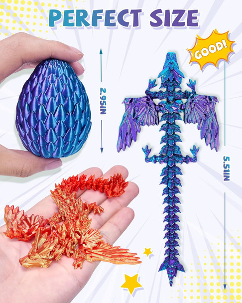 Tboline 4 Pack 3D Printed Dragon With Wings And EggSurprise Egg With Flying Dragon Inside Cool Flexible Articulated Animals Fidget Toys For Boys Girls Kids Age 4-6 6-8 8-10 Years Old
