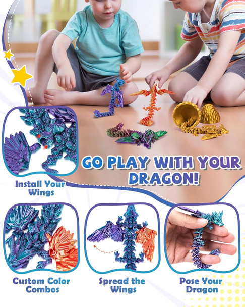 Tboline 4 Pack 3D Printed Dragon With Wings And EggSurprise Egg With Flying Dragon Inside Cool Flexible Articulated Animals Fidget Toys For Boys Girls Kids Age 4-6 6-8 8-10 Years Old