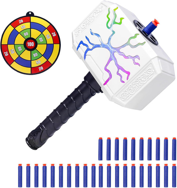 Tentam Dart Blasting Thors Hammer Toys With Lights - Kids Roleplay Toy Thunder Mjolnir Shooting Games For Kids Birthday Party Favors Includes 30 Darts 1 Target(Colorful)