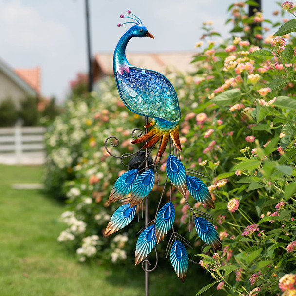 Teresa'S Collections Garden Decor Blue Peacock With Solar Outdoor Lights 40" Glass Yard Art For Outside Decorative Metal Stake Outdoor Decor For Lawn Decorations Patio S For Mom