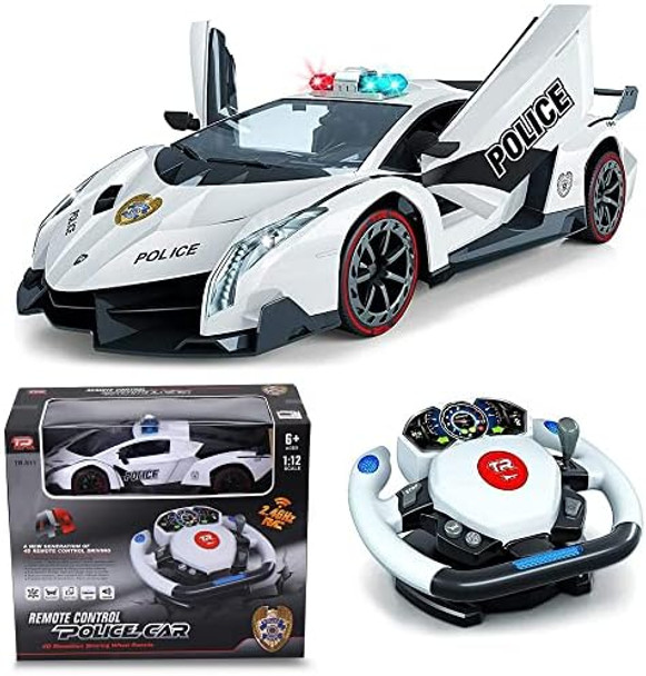 Remote Control Police Car 4D Motion Gravity And Steering Wheel Control 1:12 Scale 2.4Ghz With Lights Sirens Powered Doors (Tr-911)
