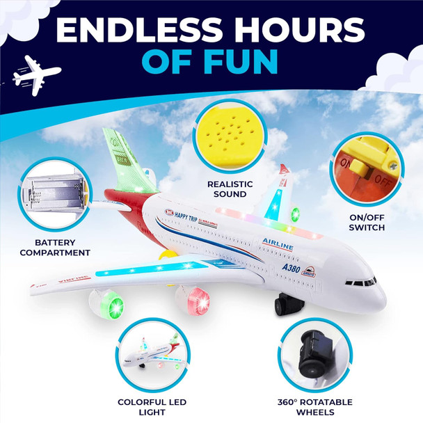 Toysery Airplane Toys For Kids Bump And Go Action Toddler Toy Plane With Led Flashing Lights And Sounds. Ideal For Boys & Girls 3-12 Years Old (Airbus A380)