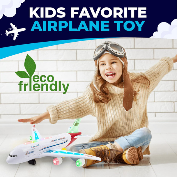Toysery Airplane Toys For Kids Bump And Go Action Toddler Toy Plane With Led Flashing Lights And Sounds. Ideal For Boys & Girls 3-12 Years Old (Airbus A380)