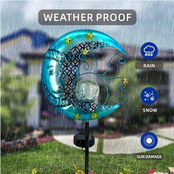 Solar Garden Lights Outdoor Waterproof Pathway Lights Moon Lantern With Crackle Glass Glass Globe Led Warm Light For WalkwayBackyardPatioLawnPathway Decoration（Blue）