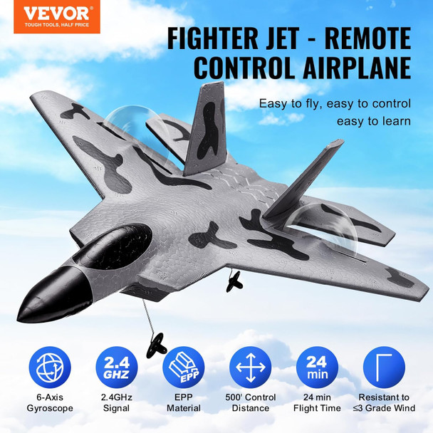 Vevor Rc Plane 2 Channel Remote Control Airplane 2.4Ghz With 6-Axis Gyro Stabilizer&2 Batteries F-22 Fighter Aircraft Plane Toy For Adults Kids Beginners Boys Birthday/Xmas Child