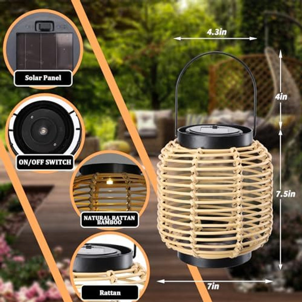 Outdoor Solar Lantern Hanging Lights 11" Rattan Decor Outdoor Waterproof Solar Lights Led Lantern s For Women Decorative Lanterns For Lawn Patio Yard Landscape Porches