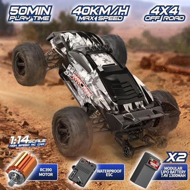 1:14 Scale All Terrain Rc Cars For Adults & Boys (Hs14323) Max Fast 40+ Kph 4Wd Off-Road Rc Truck For Snow & Sand & Mud 4X4 Waterproof Remote Control Car With 2 Rechargeable Batteries