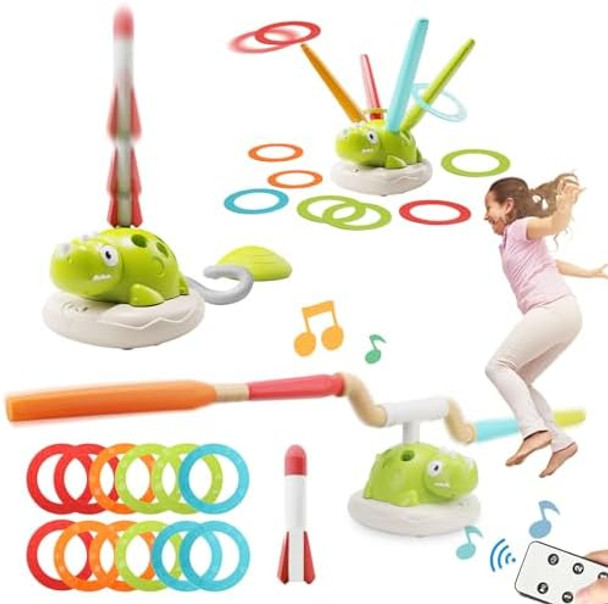 Yuzee 3 In 1 Musical Jump Ring Toss Game Toy - Dinosaur Stomp Missile Launcher 360°Rotation With Remote Control Active Indoor/Outdoor Games Kids Activities Gross Motor Toys For Toddlers 3-5