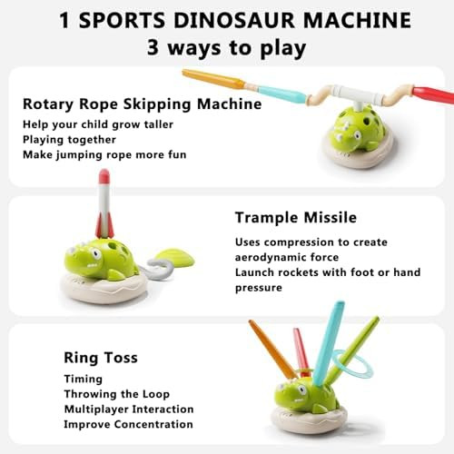 Yuzee 3 In 1 Musical Jump Ring Toss Game Toy - Dinosaur Stomp Missile Launcher 360°Rotation With Remote Control Active Indoor/Outdoor Games Kids Activities Gross Motor Toys For Toddlers 3-5