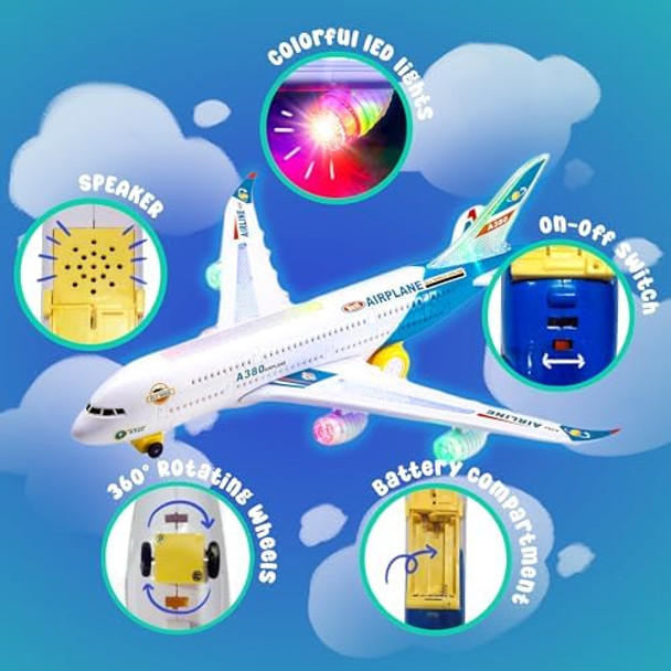 Zetz Brands Bump And Go Airplane Toy – Toy Airplane With 4D Lights – Kids Airplane Toys With Reflecting Lights And Sound – Realistic Model Airplane For Boys And Girls 3-12 Years Old