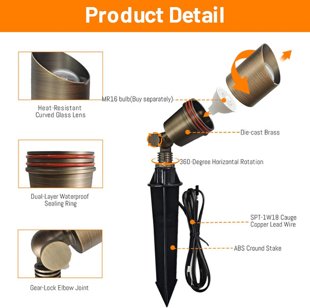 Zonegrace Solid Brass Outdoor Uplights & Accent Light Fixtures Heavy Duty 12V Low Voltage Led Landscape Lighting Bronze Wired Spot Lights For GardenLawnPatio And Yard Without Led Bulb (6 Pack)