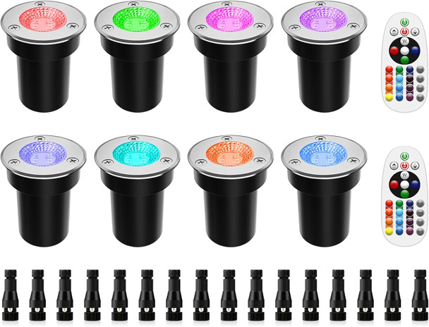 Zuckeo Rgb Low Voltage Landscape Lights Led Color Changing Well Lights Outdoor In Ground Light Waterproof Accent Spotlights 12-24V Landscape Lighting For Yard Garden Pathway(8Pack With Connectors)