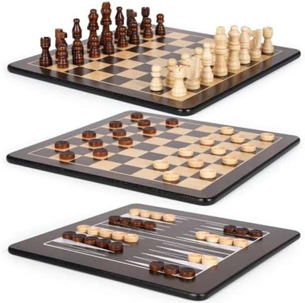 Agirlgle 3-In-1 Wooden Chess, Backgammon Set And Checkers Set- 12 Inch Portable Board Game For Kids And Adults, Classic Strategy Game With Durable Chess Pieces Perfect For Travel Family Game Educational Games
