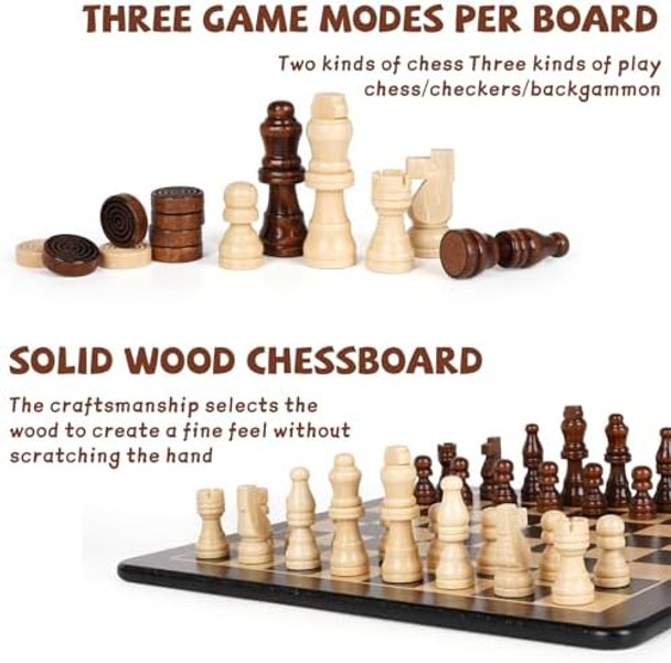 Agirlgle 3-In-1 Wooden Chess, Backgammon Set And Checkers Set- 12 Inch Portable Board Game For Kids And Adults, Classic Strategy Game With Durable Chess Pieces Perfect For Travel Family Game Educational Games