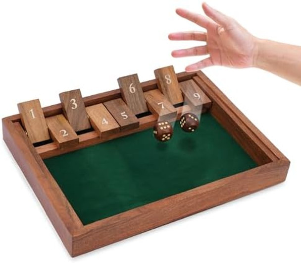 Ajuny Shut The Box Game (1-2 Players) – Wooden Dice Math Game With 9 Flip Tiles Educational Board Game For Kids & Adults Tabletop Family Travel Fun - 11 Inch