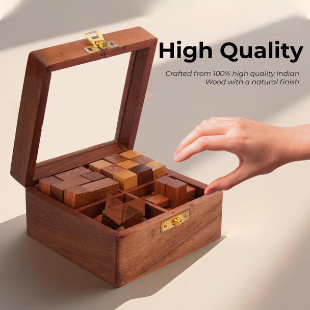 Ajuny Wooden Puzzles Box Set (4 Games) Brain Teaser For Teens & Adults, Iq Test Interlocking 3D Puzzles, Handcrafted Rustic Patio Decor, Unique For Christmas And Birthdays