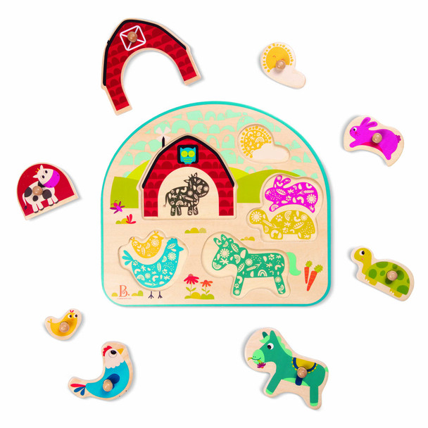 B. Toys – 4 Wooden Peg Puzzles – Dinosaurs, Sea Animals, Vehicles, Farm – Puzzles For Toddlers, Kids – 18+ Months