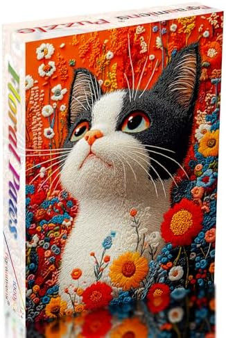 Bgraamiens Puzzle- 3D Visual Cute Embroidery Kitten With Flowers 1000 Pieces Jigsawpuzzle For Adult,Colorful Style With Letters On The Back Cute Cat Jigsaw For Adult