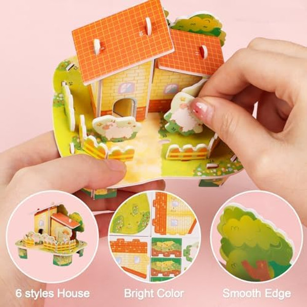 Ccinee 6 Pack 3D Puzzles For Kids , Cartoon Paper Foam Puzzles Toy For Girls And Boys Diy Jigsaw Toys Mini House For School Family Craft Activity Easter Basket Stuffers Party Favors