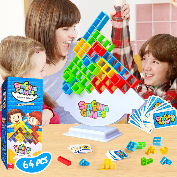 Clapet 64 Pcs Tetra Tower Stacking Game, Fun Balance Building Blocks Board Games For Kids Adults Family Party, Toys s For Boys Girls Ages 3-12