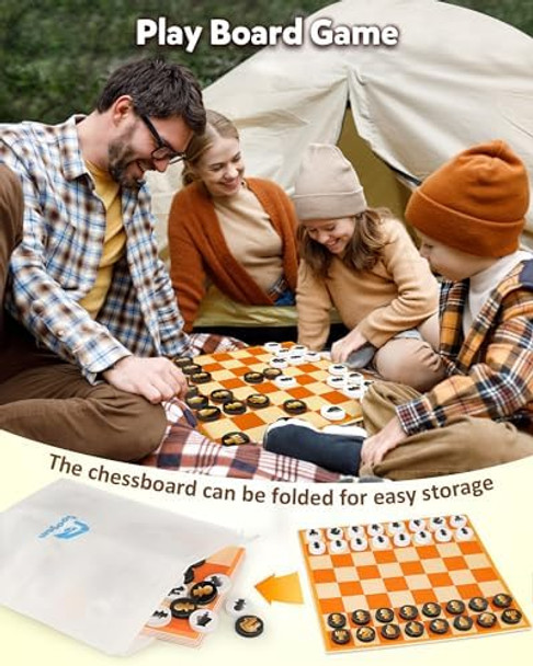 Coogam Chess And Checkers Board Game, 3-In-1 Tic Tac Toe Vintage Table Game With Mat, Lawn Party Favor Activity Indoor Outdoor Travel Toy For Family Play