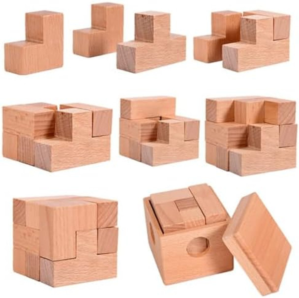 Cooplay Soma Cube Puzzle, 7Pcs Wooden Assembly & Disentanglement Puzzle Snake Cube, 3D Iq Logical Brain Teaser Games, Fidget Stress Toys For Adults