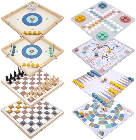 Eggsnow 8-In-1 Wooden Board Game Set For Kids Adults, Tabletop Combo Classic Travel Portable Board Games Collection With Chess, Checkers, Backgammon, Ludo, Snakes And Ladders & More