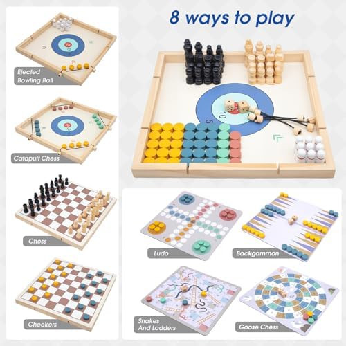 Eggsnow 8-In-1 Wooden Board Game Set For Kids Adults, Tabletop Combo Classic Travel Portable Board Games Collection With Chess, Checkers, Backgammon, Ludo, Snakes And Ladders & More