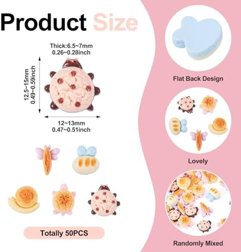 Fashewelry 50Pcs Resin Bread Cabochons Miniature Food Turtle Snail Ladybug Dragonfly Flatback Fake Breads Tiny Home Dollhouse Accessories For Tea Party Decorations Crafts