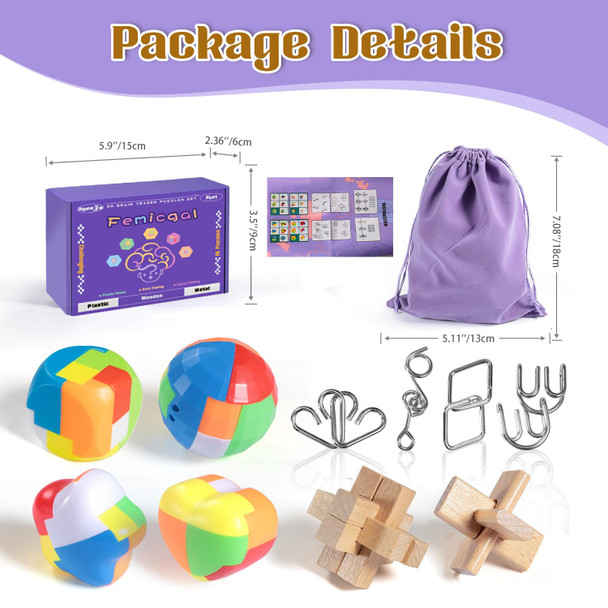 Femicgal Brain Teaser Puzzles For Adults And Kids, 10Pcs Puzzle Games Set, 3D Wooden Plastic Metal Puzzle, Unlock Interlock Mind Brain Games, Iq Test Educational Toy