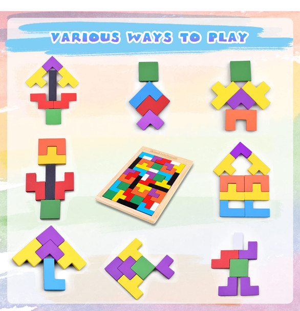 Fftroc Wooden Puzzles For Kids Ages 4-8 8-10 Thick Colorful 3D Russian Blocks And Brain Teaser Tangram Jigsaw Stem Intelligence Toys Educational For Toddlers 3 4 5 6 7 Years Old Boys Girls