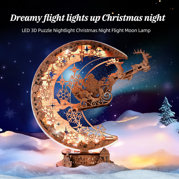 Funpola Led 3D Wooden Puzzle Christmas Night Flight Moon Lamp, Diy Craft Kit Festive Nightlight For Holiday Décor, Unique Christmas For Adults And Kids,White