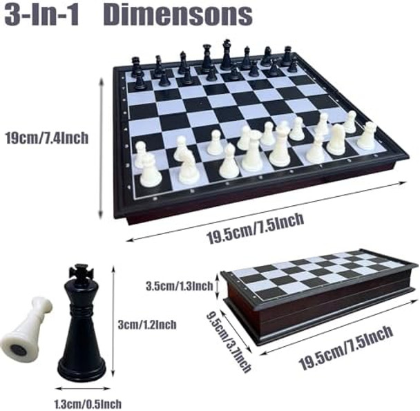 Fvantime 3-In-1 Magnetic Chess Travel Board Games Mini Table Game Chess Checkers & Backgammon Set Folding Case 6.49" Portable Size