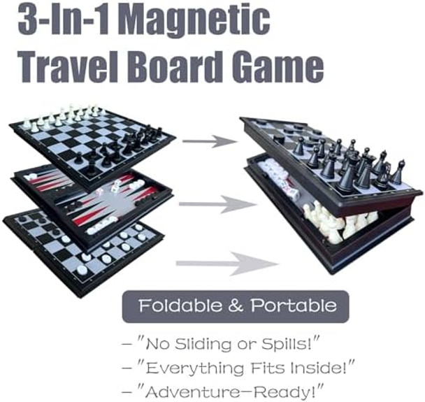 Fvantime 3-In-1 Magnetic Chess Travel Board Games Mini Table Game Chess Checkers & Backgammon Set Folding Case 6.49" Portable Size