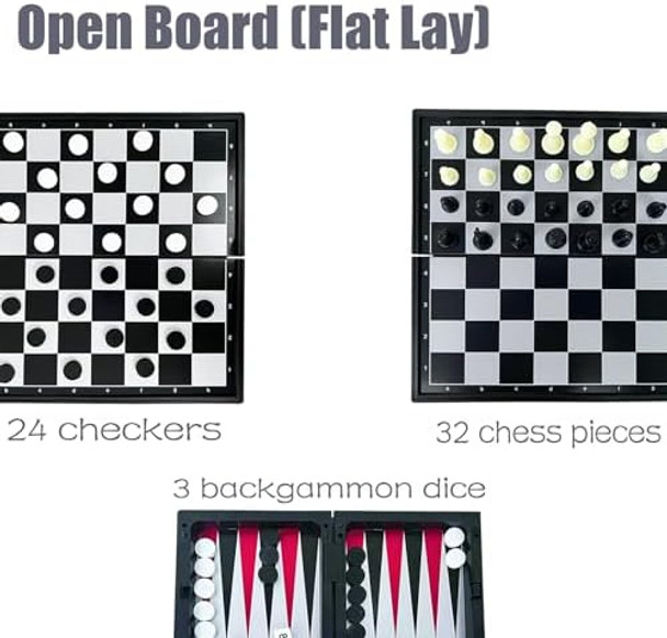 Fvantime 3-In-1 Magnetic Chess Travel Board Games Mini Table Game Chess Checkers & Backgammon Set Folding Case 6.49" Portable Size