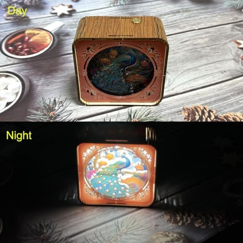 Goodangie00 3D Wooden Night Light, Peacock Puzzles For Adults, Acrylic Eye Care Night Light With Touchable Switch, Personalized s For Family Friend Diy Lover（Rechargeable）
