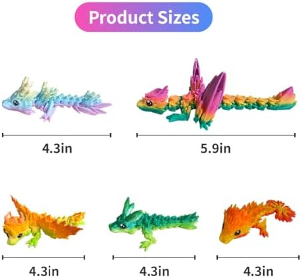 Guoxd 6Pcs 3D Printed Toys Colorful 4.3" 3D Printed Dragon With Wings Articulated Dragon Fidget Toy 3D Printed Animals For Home Office Desk Decor