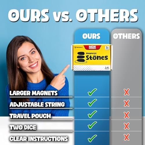 Hmmagnets d (Multi-Level) Magnet Chess Game With String & Stones - Clear & Simple Instructions Premium Set With 20 Larger & Stronger Stones, Adjustable Rope, 2 Dice & Travel Pouch For Kids & Adults