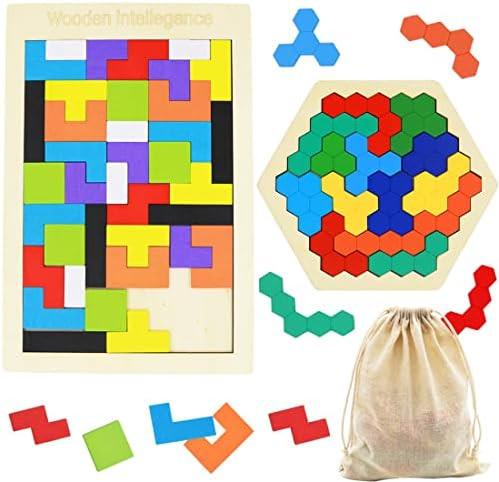 Kiouposy 2 Pack Wooden Russian Blocks Puzzle + Hexagon Puzzles For Kids & Adults, Wooden Block Puzzle Intelligence Brain Teasers Toy Logic Game Stem Educational For Children