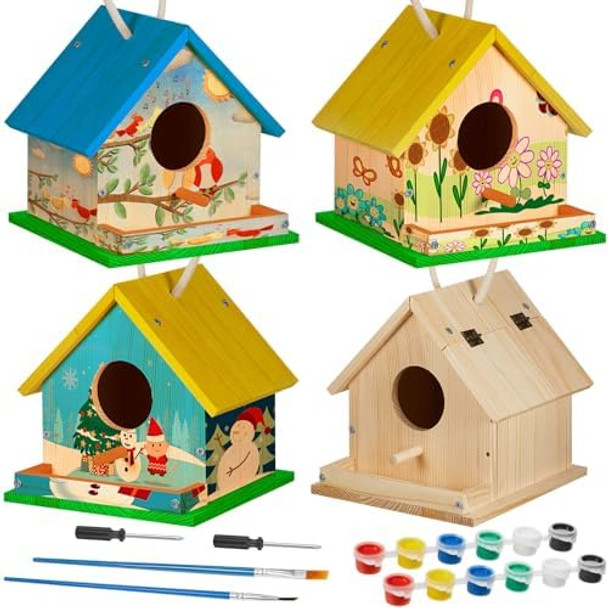 Liliful 1 Sets Wooden Diy Birdhouse Kit Unfinished Wooden Bird Houses With Paints And Paintbrushes Kids Camping Activities Bird Feeder Craft Arts For Boy Or Girl Classroom Activity And Birthday