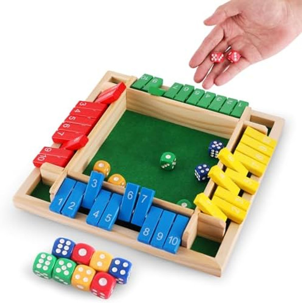Lineba Shut The Box Dice Game, 4-Players Wooden Board Game With 8 Dices, Family Math Games For Kid And Adult,Perfect Tabletop Game For Classroom,Home,Pub And Party