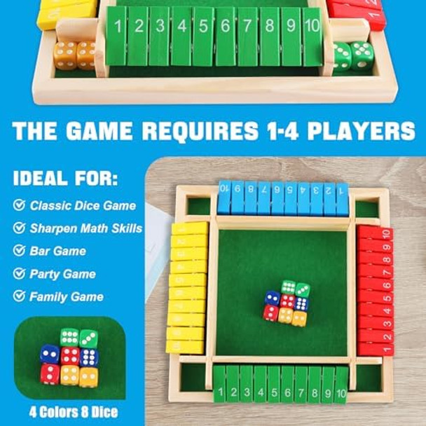 Lineba Shut The Box Dice Game, 4-Players Wooden Board Game With 8 Dices, Family Math Games For Kid And Adult,Perfect Tabletop Game For Classroom,Home,Pub And Party