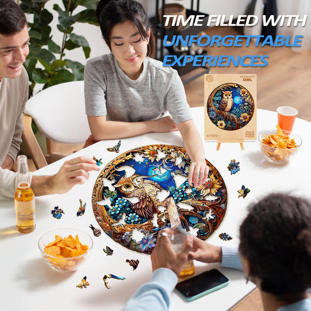 Masseruon Wooden Puzzle For Adults-Moonlight Owl, Unique Shaped Jigsaw Puzzles(S, 100Pieces, 8.4X8.4In), Beautiful Animal Owl Jigsaw Wood Puzzles Adult, Family Puzzle Game Christmas Birthday