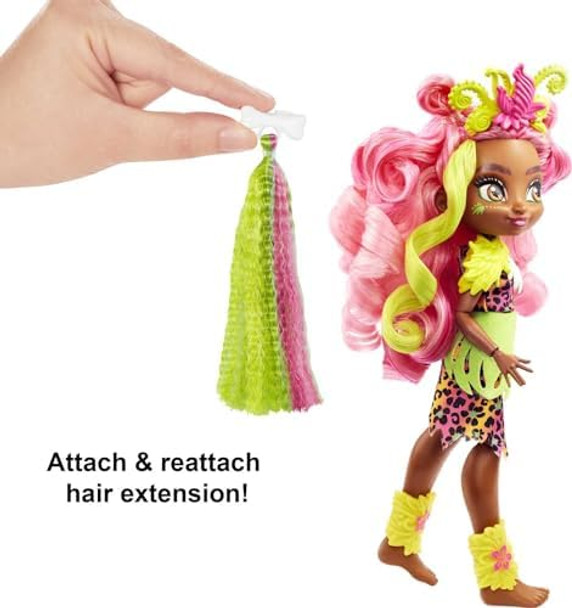 Mattel Cave Club Fernessa Doll (8-10-Inch, Pink Hair) Poseable Prehistoric Fashion Doll With Dinosaur Pet And Accessories, For 4 Year Olds And Up