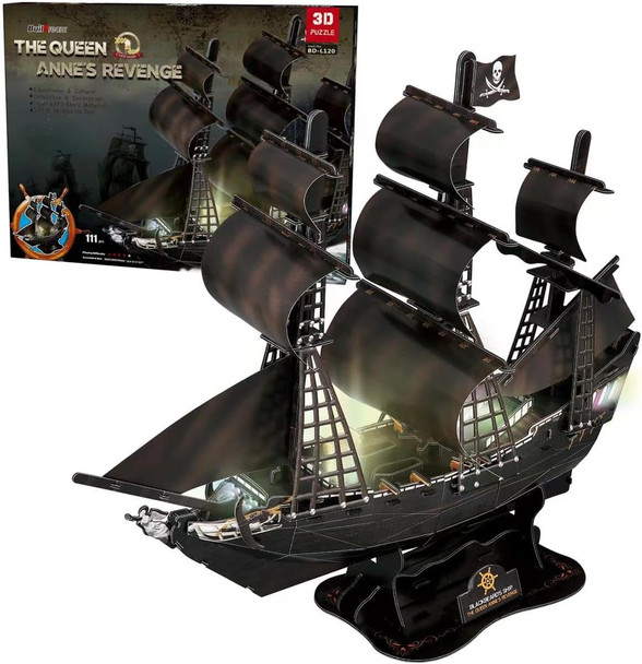 Moc Link Queen Anne’S Revenge 3D Puzzle Kit, Large 111 Pieces Nautical Led Model Ship Building Kit, Retro Style Pirate Ship Desk Decor Birthday For Adults Men And Teens