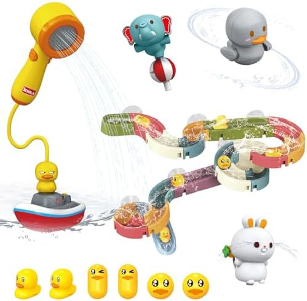 Mostop Toddler Bath Toys For Kids 4-8, Wall Track Buiding Set - Baby Bathtub Toys With Shower Head - Duck Slide Bath Toys - Fun Diy Wall Track Building Set Bathtub Birthday For Boys Girls