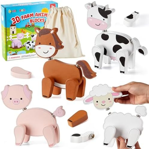 Ojustbeok 28 Pcs Farm Animal Snap Together Building Wooden Take Apart Cow Horse Sheep Pig Stem Montessori Educational Fine Motor Skill 3D Puzzle Learning Activity Game